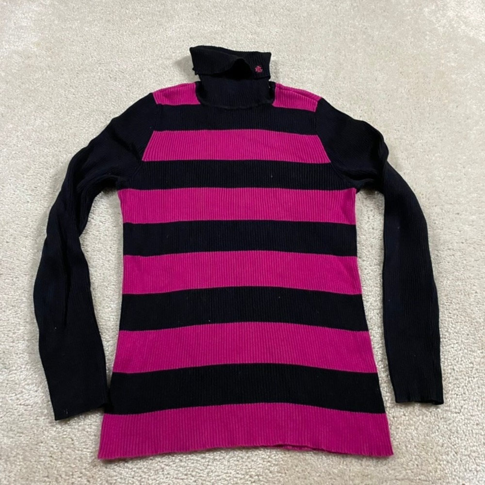 Lauren Ralph Lauren Sweater Womens M Pink Black Striped Ribbed Cotton Turtleneck